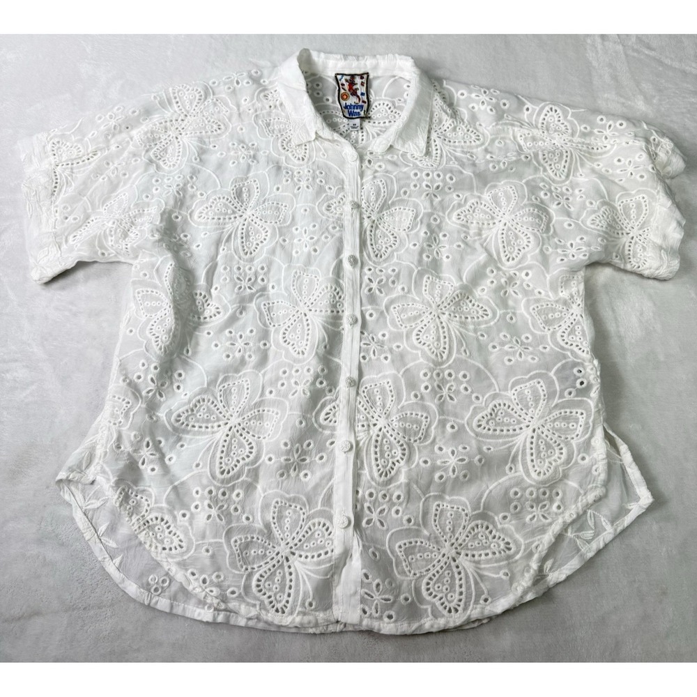 Johnny Was Top Womens XS White Butterfly Embroidered Boho Blouse Beachy Eyelet